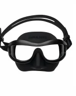 The Agulhas Mokarran Freediving Mask in Classic Black, displayed from the front and a 3/4 angle, highlighting its sleek, all-black frame and low-volume, single-lens construction.