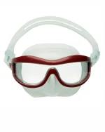 A side-by-side view of the Agulhas Mokarran Freediving Mask in Coralline Pink, showcasing its curved, low-volume single lens design and soft silicone skirt. The mask is shown from a front-facing and a 3/4 angle.